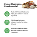 Product highlights graphic stating 10 Potent Mushrooms, Nutrient-Packed Superfoods, Full Lifecycle Mushrooms: Primordia, Fruit Bodies & Mycelia, Certified US facility, Non-GMO