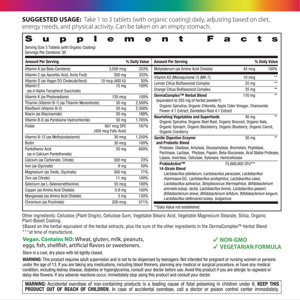 Active Health Teen with DermaComplex + Real Food Nutrients, 90 Vegan Caplets Supplement Facts