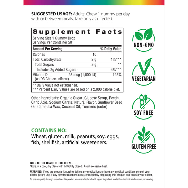 Sunny Gummies Vitamin D3 1,000 IU, 50 Vegetarian Gummies Supplement Facts