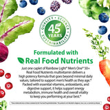 Graphic stating: Rainbow Light Men's One 50+, Real Food Nutrients, supports health, energy, immunity. 45 Yrs Quality.
