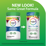 Rainbow Light Men's One 50+ 150 Vegetarian Caplets Multivitamin in old and new packaging, showing 'NEW LOOK! Same Great Formula'.