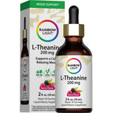 Rainbow Light L-Theanine 200 mg Liquid, Berry Flavor, 2 fl. oz. (59 mL), supports a calming and relaxing mood.