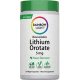 Rainbow Light Bioavailable Lithium Orotate, 5 mg, 120 vegan capsules in a bottle.