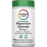 Rainbow Light High Absorption Magnesium Glycinate, 250 mg per 2 softgels, 60 quick release softgels.