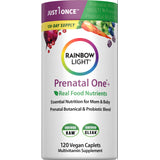 Rainbow Light Just 1 Once Prenatal One+ multivitamin supplement, 120 vegan caplets with real food nutrients.