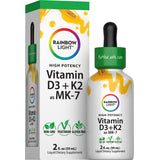 RAINBOW LIGHT HIGH POTENCY Vitamin D3 + K2 as MK-7, 2 fl. oz. (59 mL) Liquid Dietary Supplement bottle and box shown.