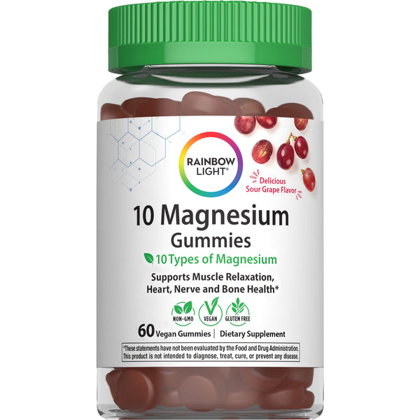 Ten sour grape-flavored magnesium gummies, featuring 10 types of magnesium. Contains 60 vegan, non-GMO, gluten-free gummies.