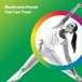 Young woman in a yoga pose on a green background with a colorful circle, featuring text 'Mushroom Power You Can Trust' for Mushroom Complex.