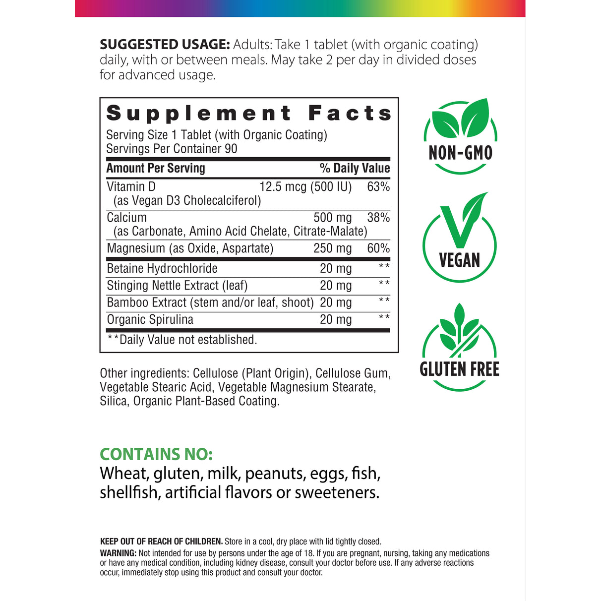 Supplement Facts panel for RL Food-Based Calcium, 90 tablets.