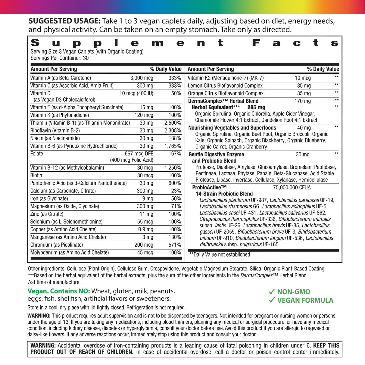 Supplement Facts panel for Active Health Teen Multivitamin, 90 Tablets, detailing ingredients and nutritional values.