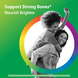 Two young women with curly hair smiling as one gives a piggyback ride. Text: 'Support Strong Bones.' Vitamin D3.