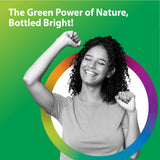 A joyful young adult woman raises her arms, smiling with eyes closed. Text: 'The Green Power of Nature, Bottled Bright!'