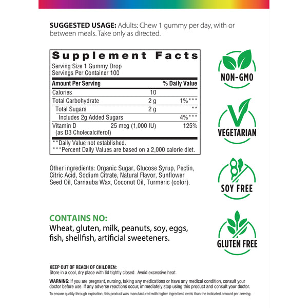Sunny Gummies Vitamin D3 1,000 IU, 100 Vegetarian Gummies