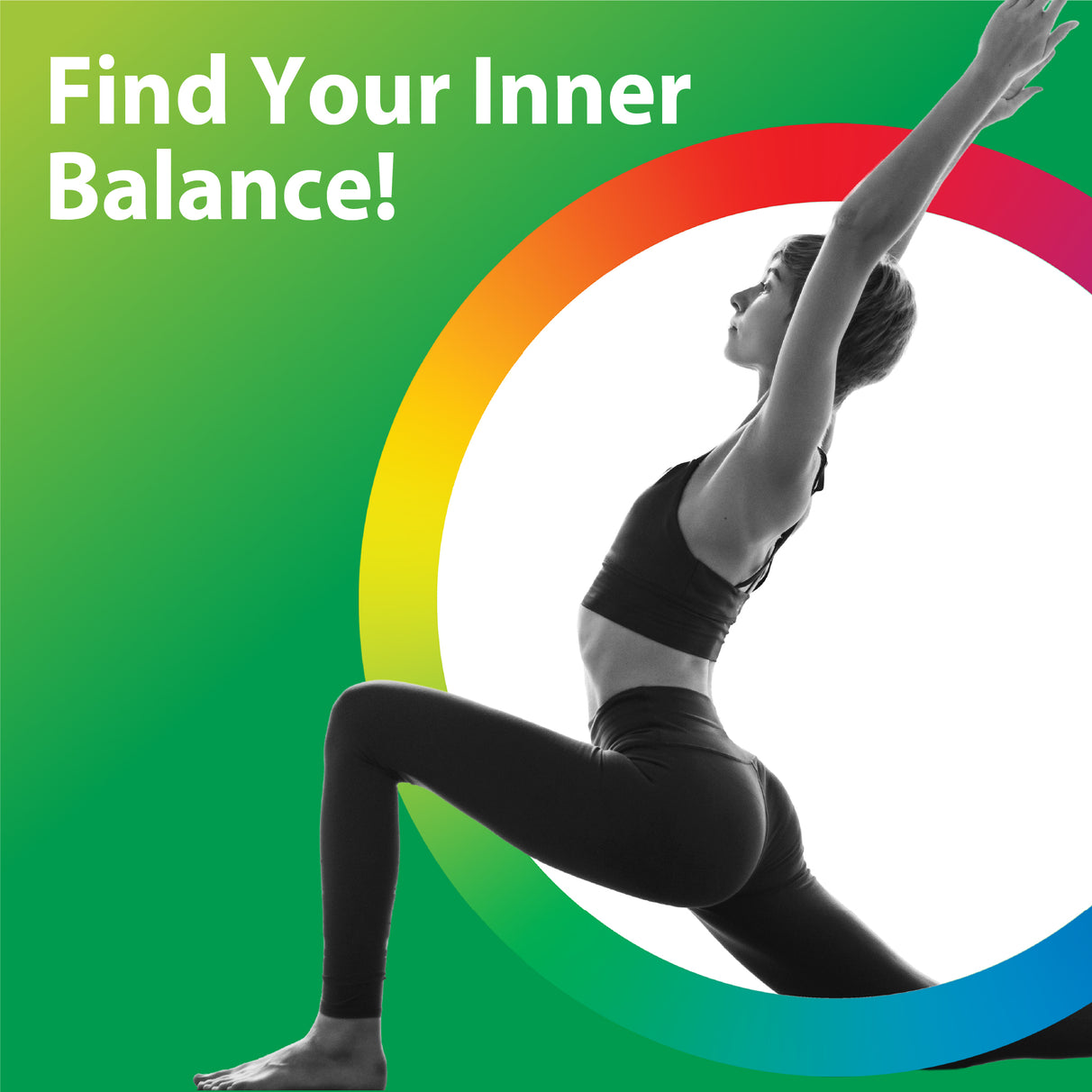 Young woman in athletic wear does yoga; text says 'Find Your Inner Balance!' on a green background.