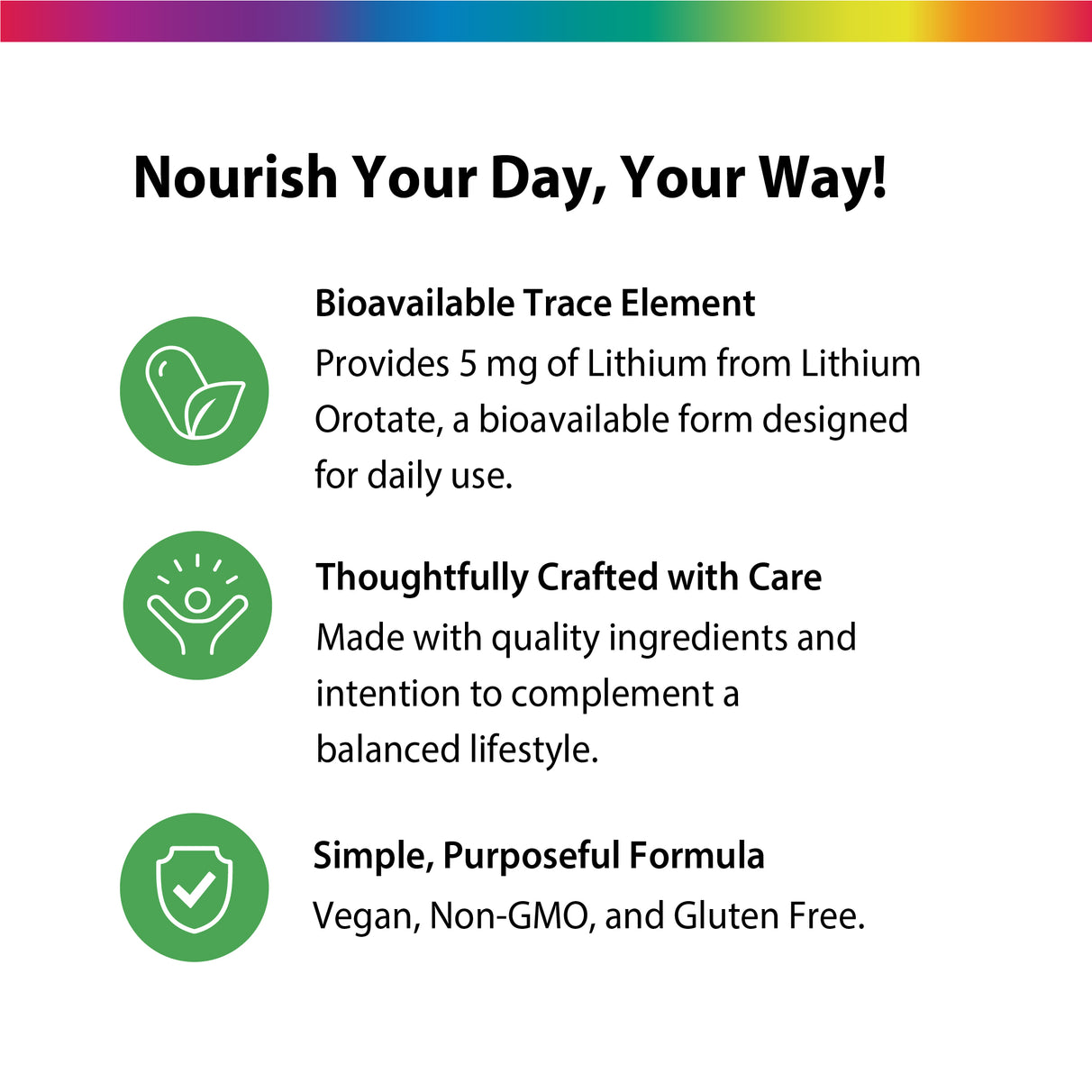 Product highlights graphic stating Bioavailable 5 mg Lithium Orotate, Quality ingredients for balanced lifestyle, Vegan, Non-GMO, Gluten Free.