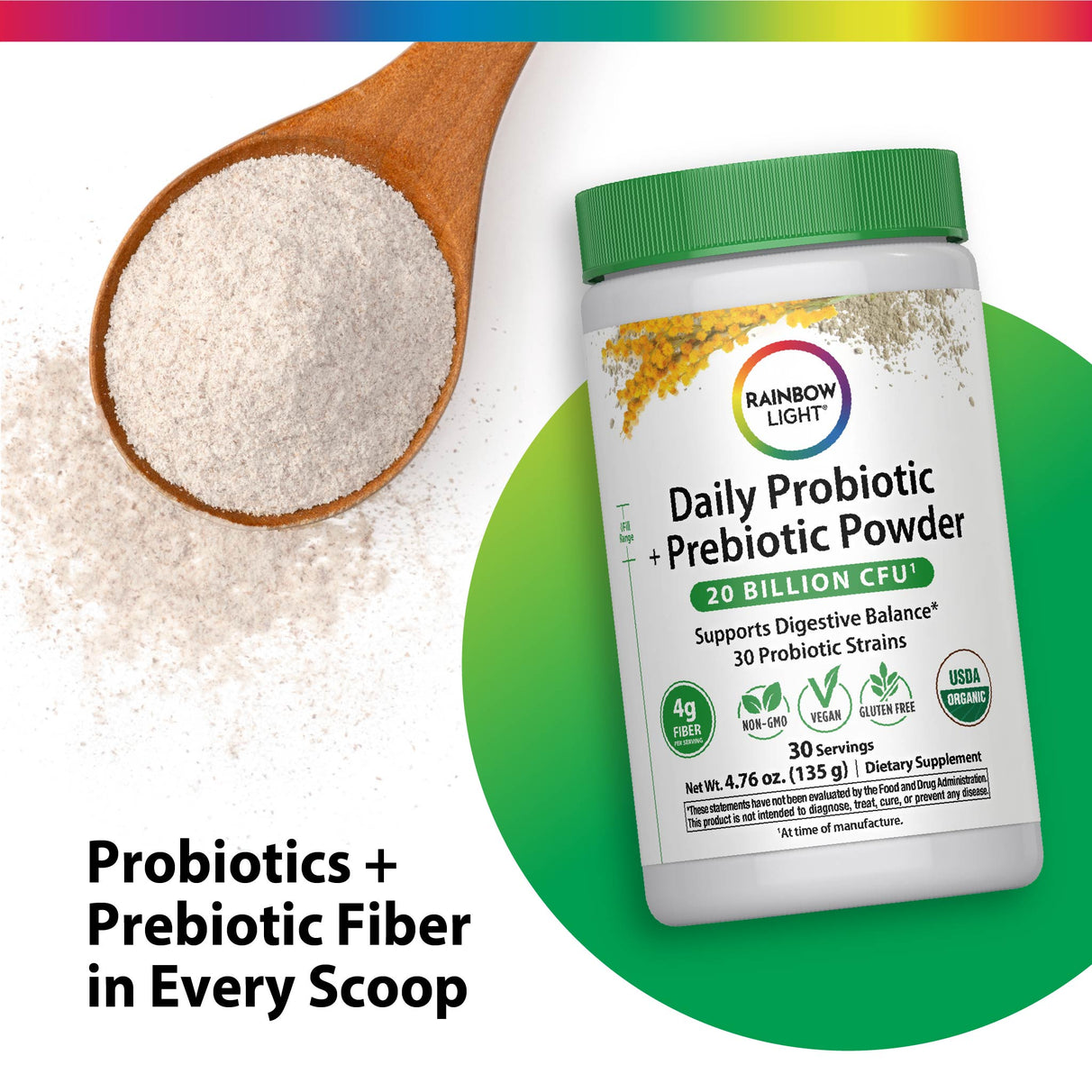 Rainbow Light Daily Probiotic + Prebiotic Powder with 20 Billion CFU, 4.76 oz, offering 30 servings.