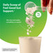 Organic Daily Probiotic + Pre Powder, 4.76oz, with white powder being scooped and '4g FIBER PER SERVING' on label.