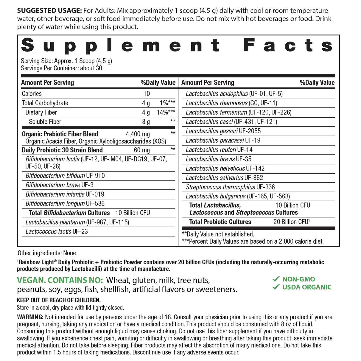 Supplement Facts panel for Organic Daily Probiotic 20 Billion + Pre Powder, 4.76 oz.