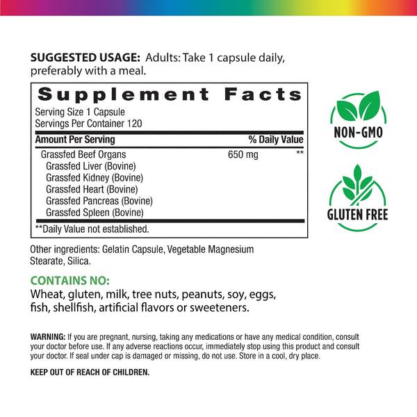 Image of the Supplement Facts panel for Beef Organs 120 Capsules.