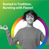 Young woman meditating, eyes closed, smiling, with a rainbow circle. Text: Rooted in Tradition. Bursting with Flavor!