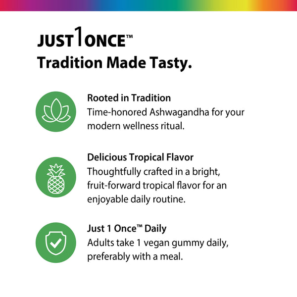 Product highlights graphic stating Traditional Ashwagandha wellness, Delicious fruit-forward Tropical Flavor, Just 1 Once™ Daily: 1 vegan gummy with meal.