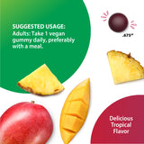 Ashwagandha vegan gummy, .675' diameter, with 'Delicious Tropical Flavor'. Usage: 'Take 1 vegan gummy daily'. Mango, pineapple.