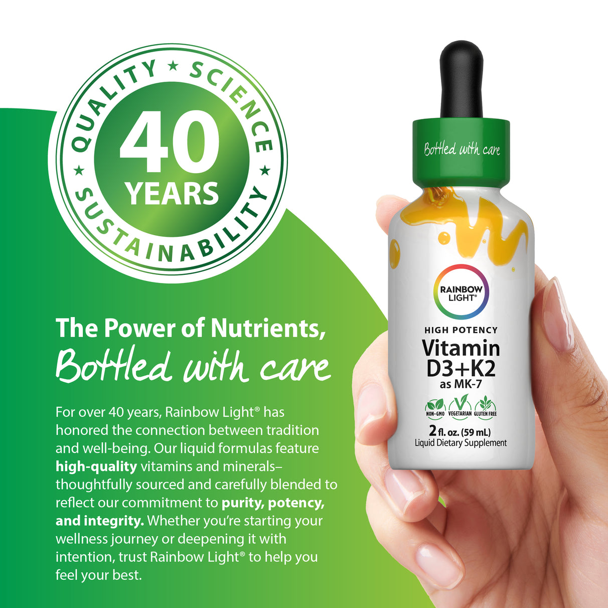 Vitamin D3+K2 as MK-7 Liquid Dietary Supplement in a 2 fl. oz. dropper bottle held in a hand.