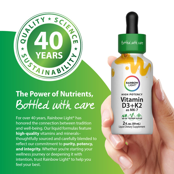 Vitamin D3+K2 as MK-7 Liquid Dietary Supplement in a 2 fl. oz. dropper bottle held in a hand.