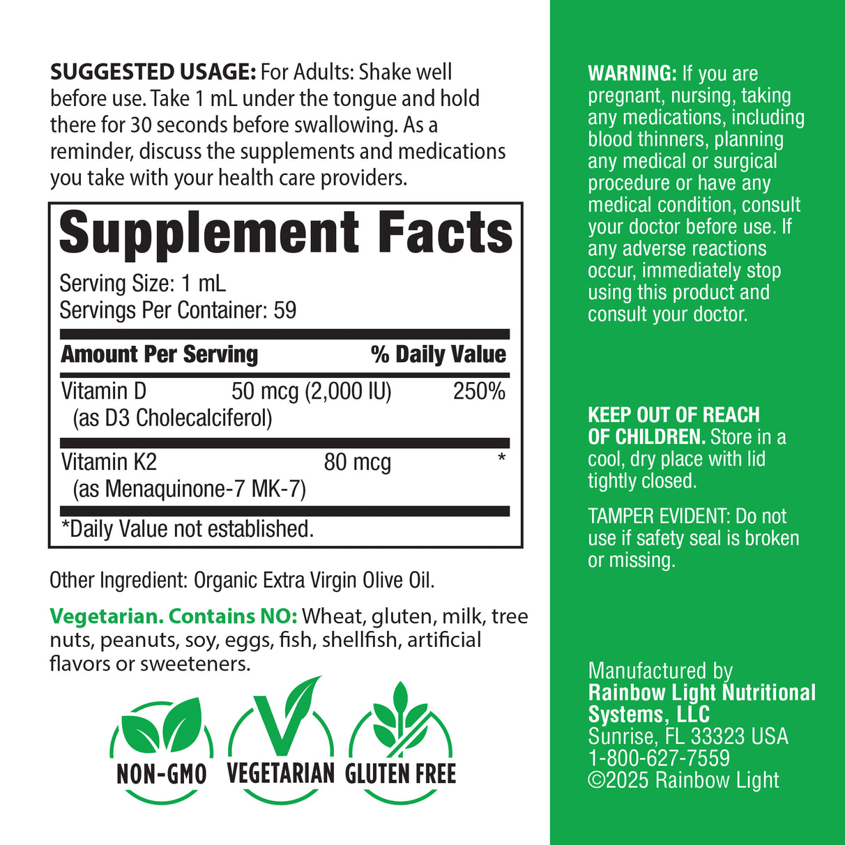 Supplement Facts panel for liquid drops containing vitamins K2 and D3, 2 oz bottle.