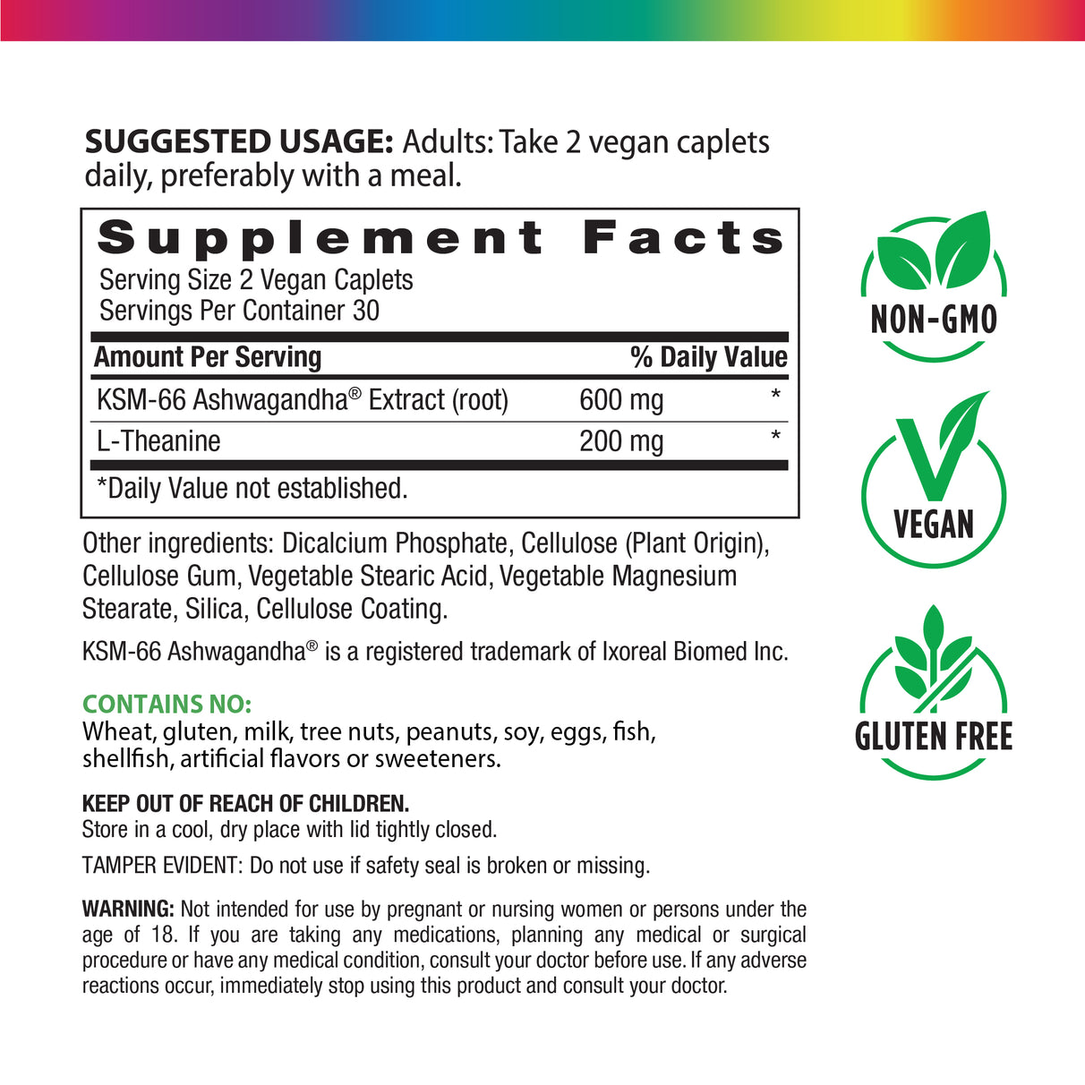 Supplement Facts panel for Ashwagandha KSM-66, 60 coated caplets.