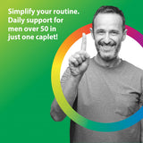 A smiling man over 50 points one finger up. Text: 'Daily support for men over 50 in just one caplet!' for Mens One.