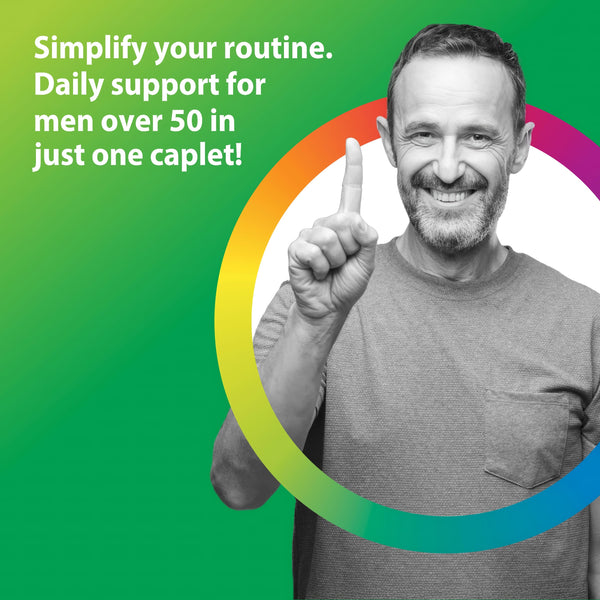 A smiling man over 50 points one finger up. Text: 'Daily support for men over 50 in just one caplet!' for Mens One.