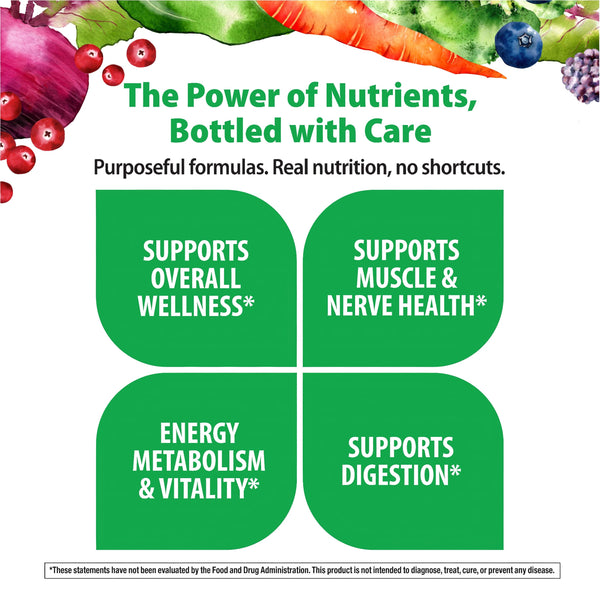 Product highlights graphic stating SUPPORTS OVERALL WELLNESS*, SUPPORTS MUSCLE & NERVE HEALTH*, ENERGY METABOLISM & VITALITY*, SUPPORTS DIGESTION*