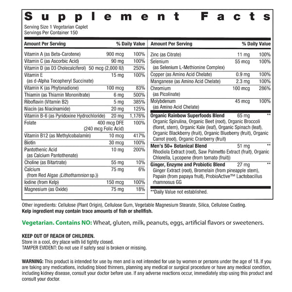 Supplement Facts panel for Men's One 50+ Multi 150 Tablets.