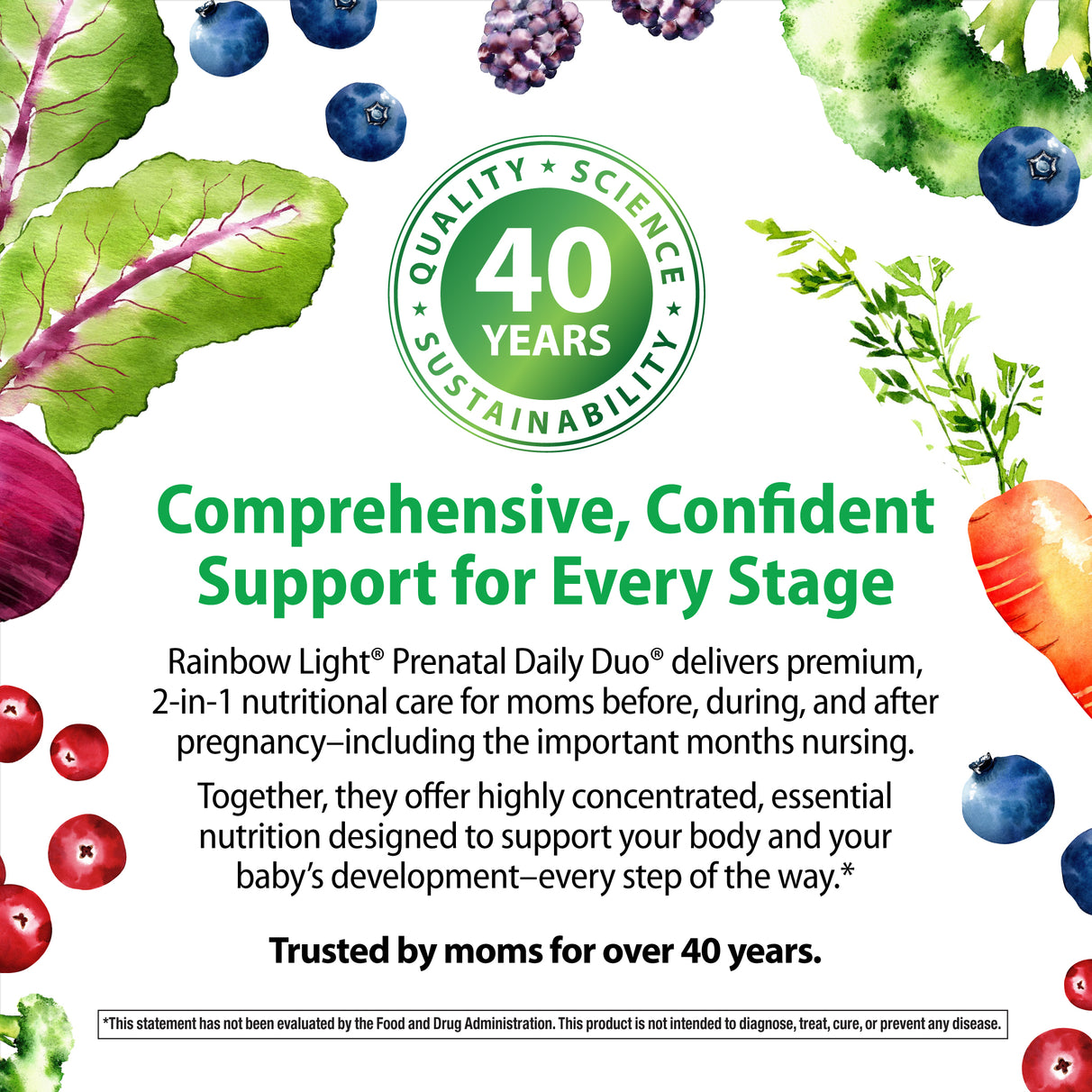 Infographic: Quality, Science, Sustainability. Celebrating 40 years of comprehensive support across all life stages, trusted by moms.