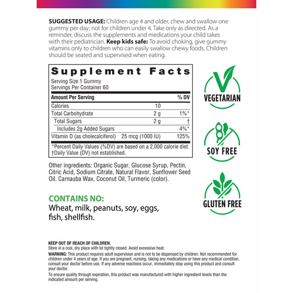 Kids Sunny Gummies Vitamin D3 1000 IU, 60 Vegetarian Gummies Supplement Facts