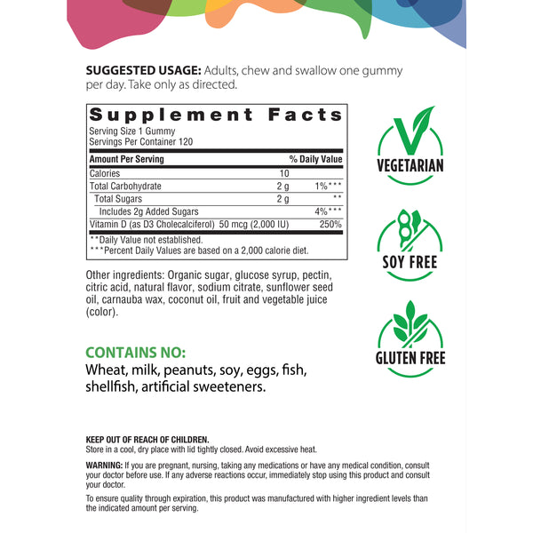 High Potency Vitamin D3 2,000 IU, 120 Vegetarian Gummies Supplement Facts