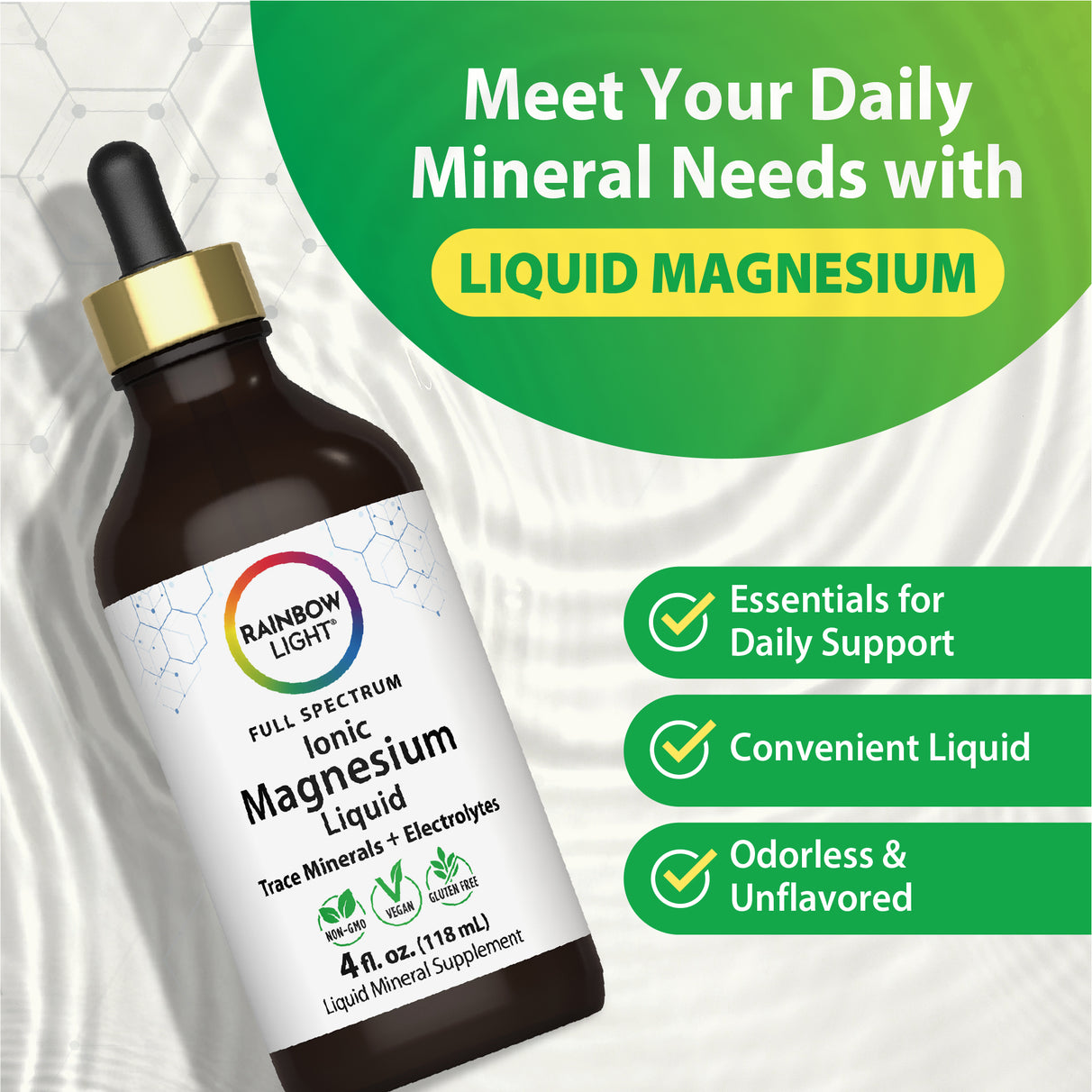 Product highlights graphic stating Essentials for Daily Support, Convenient Liquid, Odorless and Unflavored.