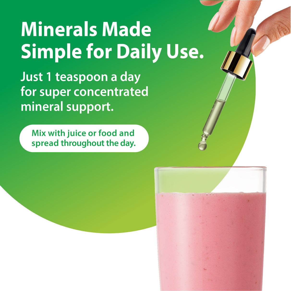 A woman's hand adds liquid from a dropper into a glass of pink beverage containing Liquid Magnesium.