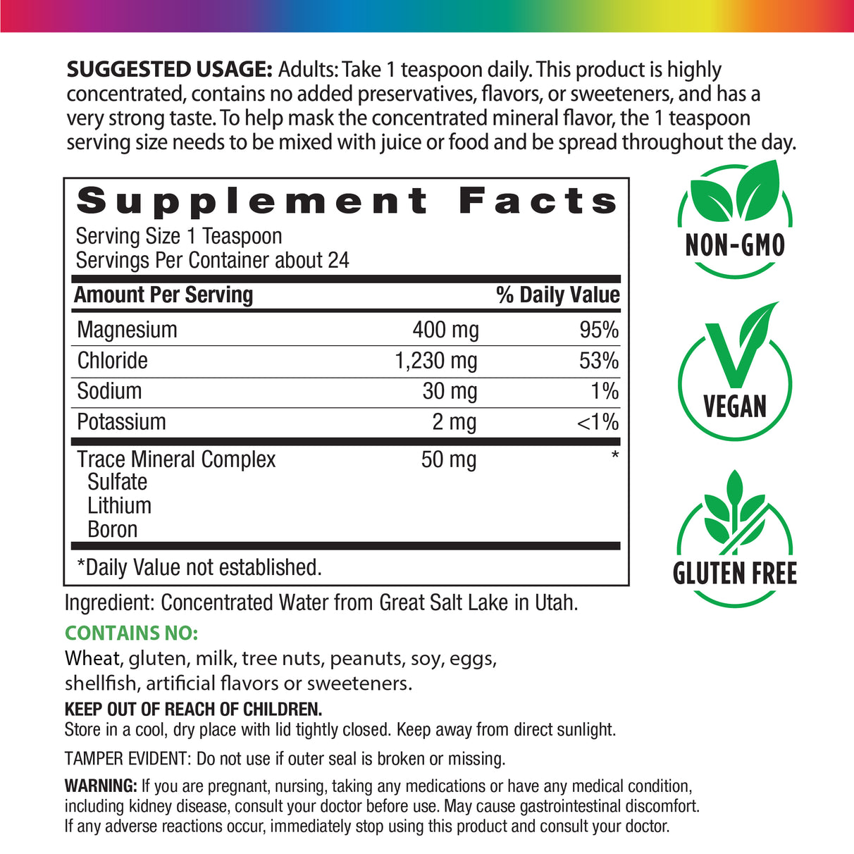 Supplement Facts for RL Liquid Magnesium, 4 fl oz bottle.