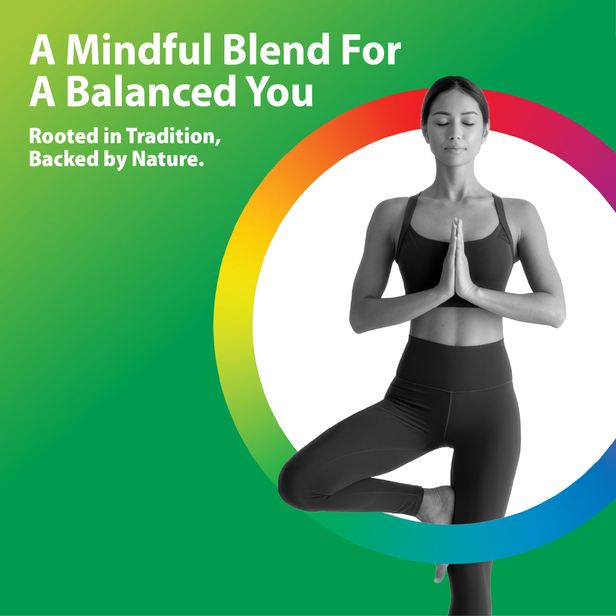 Young woman in yoga tree pose with hands in prayer position, meditating for Mucuna Ashwagandha benefits.