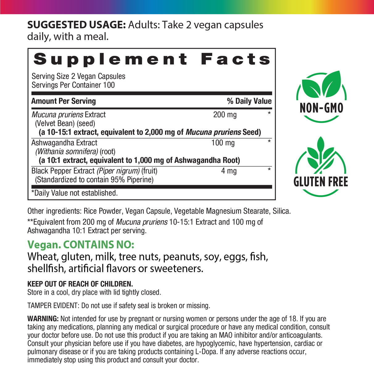 Supplement Facts panel detailing 3000 mg of Mucuna Ashwagandha.