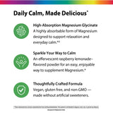 Product highlights graphic stating High-Absorb Mag Glycinate for calm, Effervescent Rasp Lemon Mg powder, Vegan, gluten free, non-GMO, no artificial sweeteners.