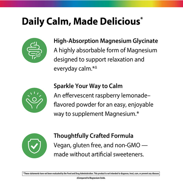 Product highlights graphic stating High-Absorb Mag Glycinate for calm, Effervescent Rasp Lemon Mg powder, Vegan, gluten free, non-GMO, no artificial sweeteners.