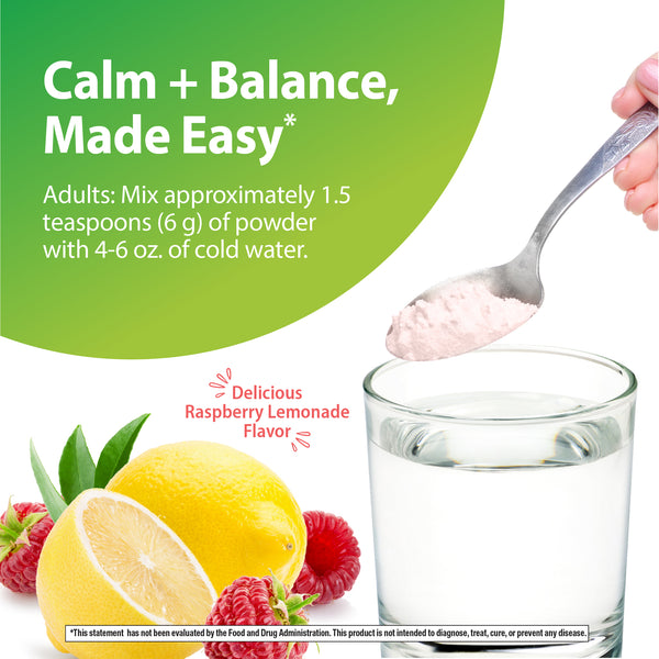 Magnesium Glycinate Powder: pink powder on a spoon over water, with lemons & raspberries. Calm + Balance; Raspberry Lemonade Flavor.