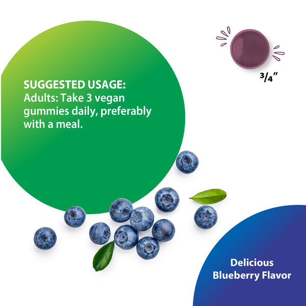 Product highlights graphic stating Suggested Usage: Adults: 3 vegan gummies daily with a meal, gummy size: 3/4', blueberry flavor.