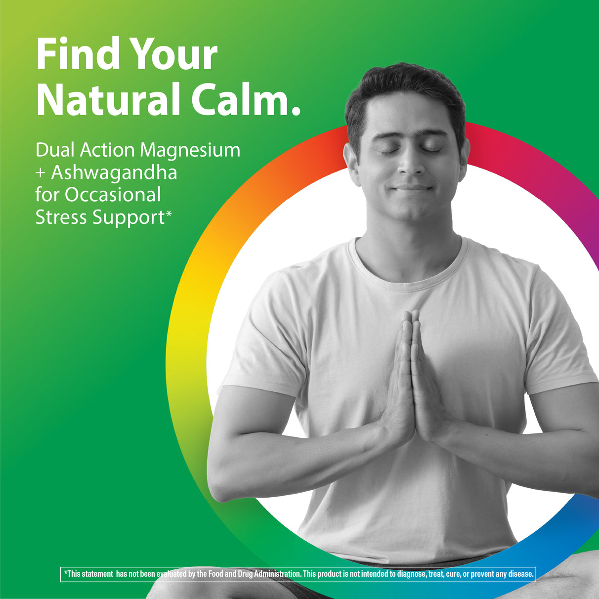 A man meditating with hands in prayer, next to text promoting Dual Action Magnesium + Ashwagandha for occasional stress support.