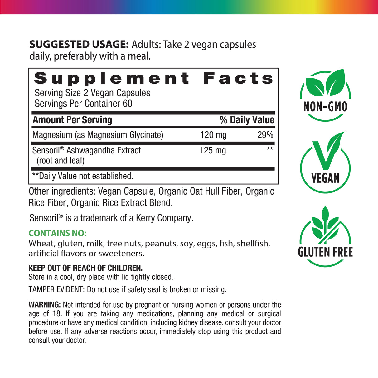 Supplement Facts panel for Magnesium Glycinate plus Ashwagandha, 120 vegetable capsules.