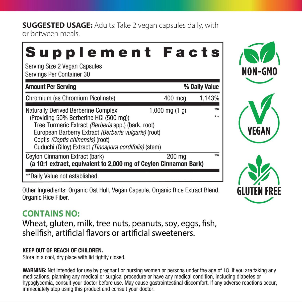 Supplement Facts panel for Naturally Derived Berberine, 60 vegetable capsules.
