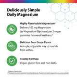 Product highlights graphic stating Highly Absorbable Magnesium (100 mg per 2 gummies), Sour Grape Flavor, Vegan, gluten free, non-GMO.
